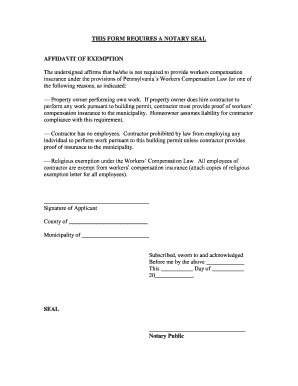 Affidavit of Exemption from Workers Compensation Insurance