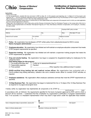 Certification of Implementation Drug-Free Workplace Program