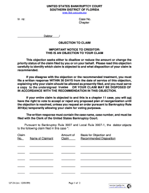 US Bankruptcy Court Objection to Claim Form