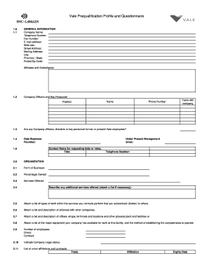 Vale Prequalification Profile and Questionnaire