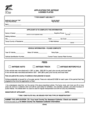 Texas Antique Vehicle License Plate Application