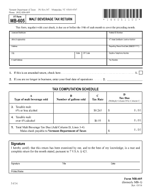 Vermont Malt Beverage Tax Return