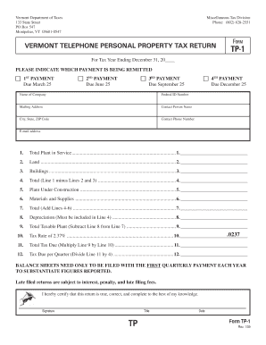 Vermont Telephone Personal Property Tax Return