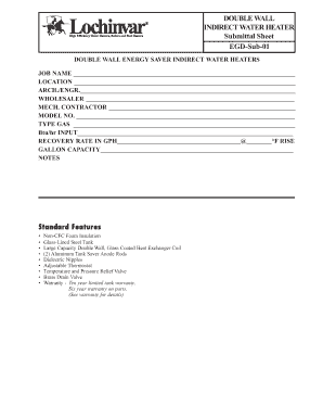 Double Wall Indirect Water Heater Submittal Sheet