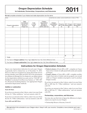 2011 Oregon Depreciation Schedule for Individuals, Partnerships, Corporations, and Fiduciaries, 150-101-025. Oregon Depreciation Schedule for Individuals, Partnerships, Corporations, and Fiduciaries, You may also use this form to figure the