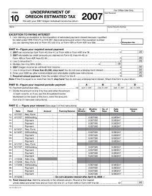 Oregon Form 10 Underpayment of Estimated Tax