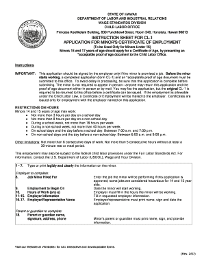 Hawaii Minor's Certificate of Employment Application
