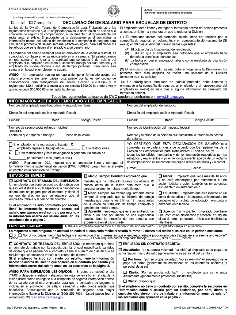TWCC-3 - Employer's Wage StatementThe Texas Workers Vista previa en la página 1