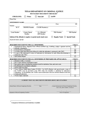 Texas Department of Criminal Justice Pen Packet Document Checklist