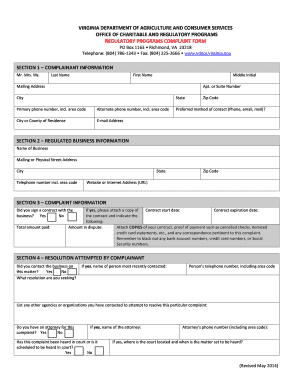 Virginia Regulatory Programs Complaint Form