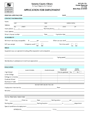 Sonoma County Library Employment Application
