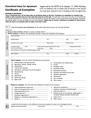 Streamlined Sales Tax Agreement Certificate of Exemption