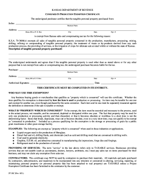 Kansas Consumed in Production Exemption Certificate