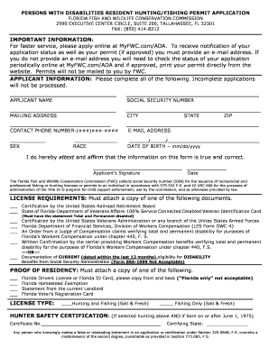Florida Disabled Resident Hunting/Fishing Permit Application