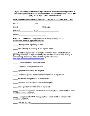 Request for Assistance - Solid & Hazardous Waste Registration
