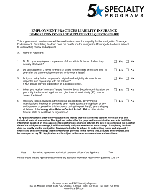 Employment Practices Liability Insurance Immigration Coverage Questionnaire