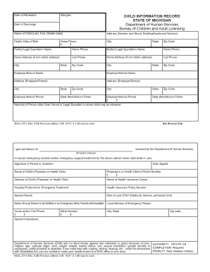 Michigan Child Information Record Form