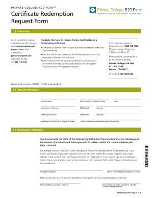 Private College 529 Plan Tuition Certificate Redemption Form