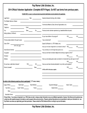 Pop Warner Volunteer Application