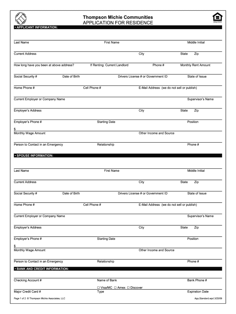 Fillable Online Apartment Application Form Thompson Michie