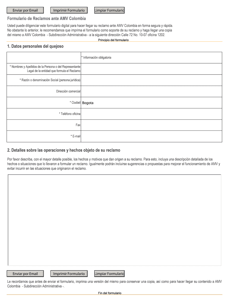 Formulario de Reclamos ante AMV Colombia 1 Datos personales Vista previa en la página 1