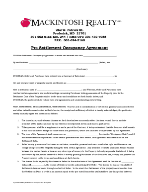 Pre-Settlement Occupancy Agreement