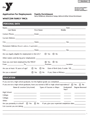 YMCA Employment Application Form