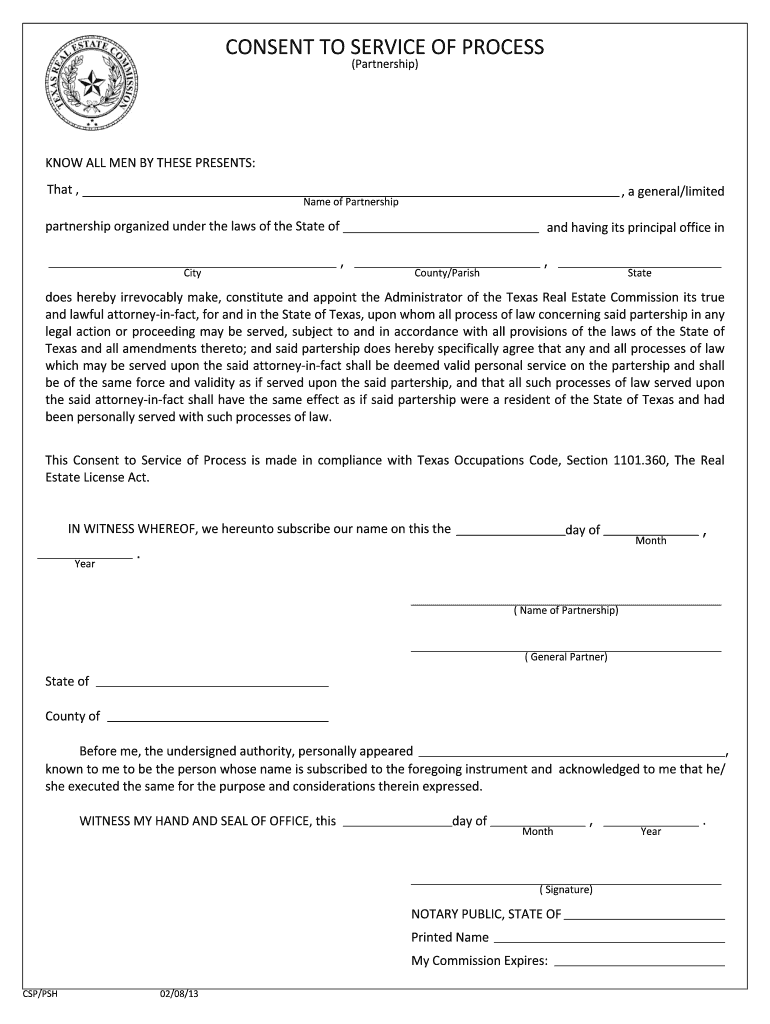 Fillable Online trec texas Consent to Service Partnership Texas Real