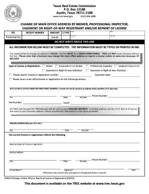 Texas Real Estate Commission Change of Main Office Address Form