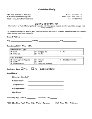 Austin MLS Single Family Property Listing Form