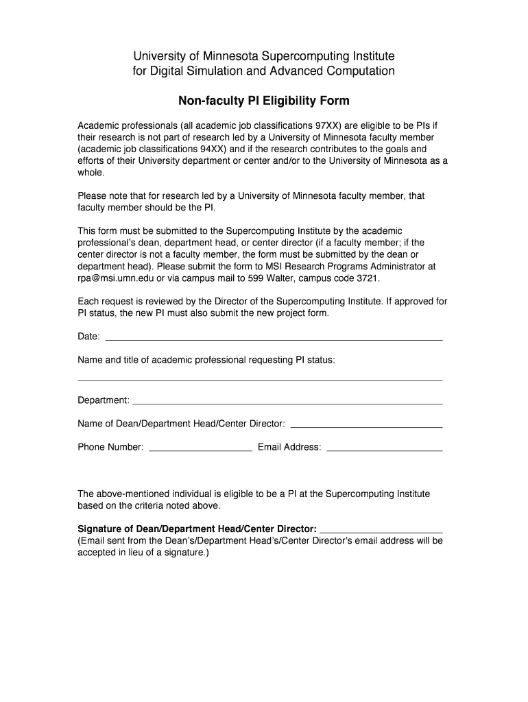 Fillable Online msi umn MSI Nonfaculty PI eligibility form Minnesota Institute