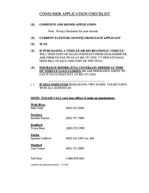Wells River Savings Bank Consumer Loan Application Checklist