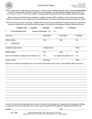 Utah Real Estate Complaint Form