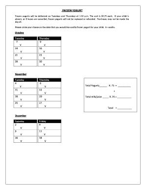 School Frozen Yogurt Order Form