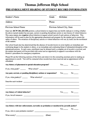 Pre-Enrollment Student Record Information Form