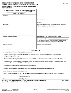 Declaration of Judgment Creditor for Wage Garnishment