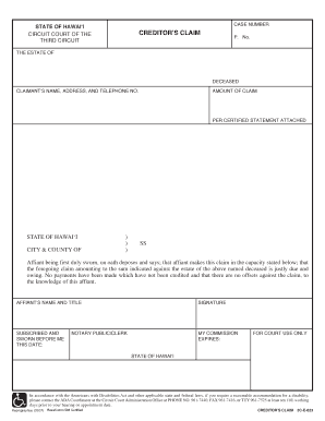 Hawaii Creditor's Claim Form
