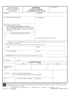 Hawaii Subpoena Notice to Appear