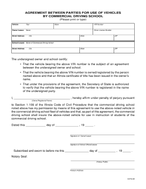 Vehicle Use Agreement for Commercial Driving School