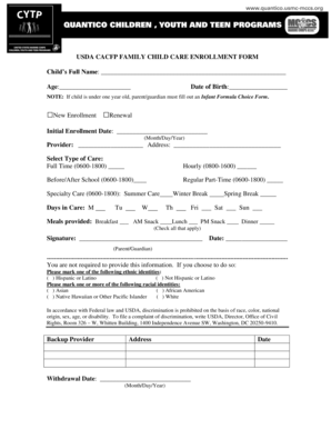 USDA CACFP Family Child Care Enrollment Form