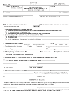 Michigan Petition Regarding Impoundment of Motor Vehicle or Seizure of Motorcycle