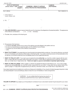 Michigan Child Protective Proceedings Summons