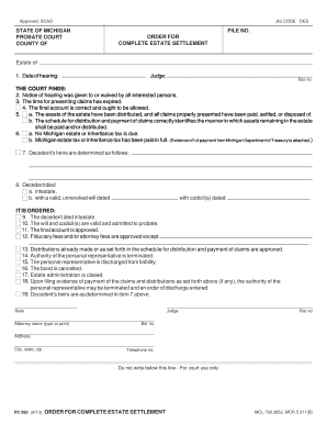 Michigan Probate Court Order for Complete Estate Settlement