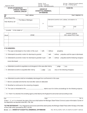 Michigan Court Order of Acquittal/Dismissal or Remand