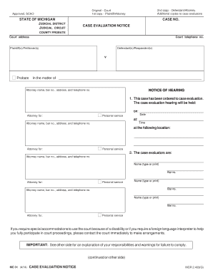 Michigan Case Evaluation Notice