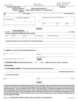 Michigan Motion and Order to Seize Vehicle Subject to Forfeiture
