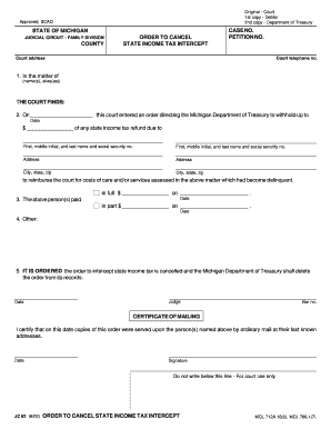 Order to Cancel State Income Tax Intercept