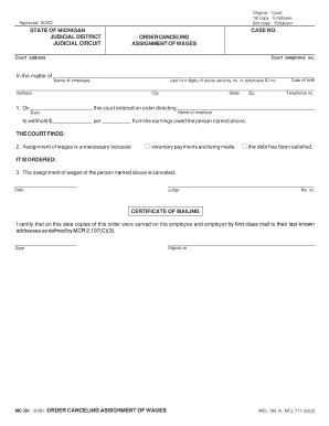 Order Canceling Assignment of Wages