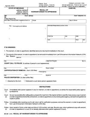 Michigan Recall of Warrant Order to Apprehend