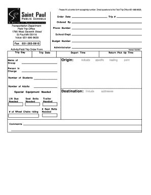Activity Field Trip Order Form
